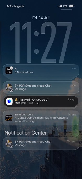 An iPhone lock screen displays a notification from a crypto wallet showing a received transfer of "104,500 USDT," supporting the post's claim of a "$100,000+ withdrawn" amid July price action.