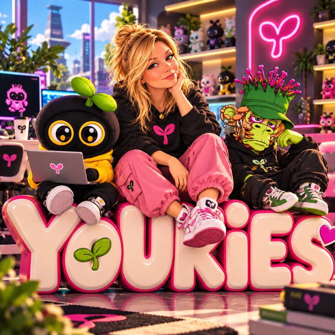 A digital illustration shows a blonde woman and two cartoon characters sitting on large 'Youkies' letters in a colorful neon-lit room.