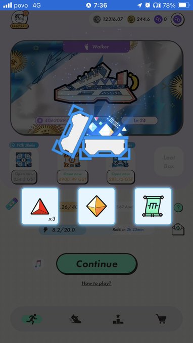 A mobile game interface showing a reward screen with 'Continue' button and various items to collect, with a hand cursor pointing at the screen.
