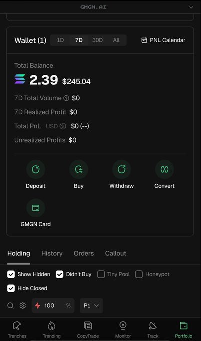 The image shows a GMGN.ai portfolio dashboard displaying a wallet with a total balance of 2.39 SOL ($245.04) and zero activity across volume, profits, and unrealized gains, with action options for Deposit, Buy, Withdraw, Convert, and GMGN Card. This visually represents the poster's fresh start to their memecoin trading journey, with their modest 2 SOL initial investment reflected in the empty holdings and inactive metrics.