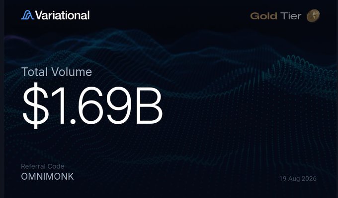 A Variational dashboard displaying 'Total Volume $1.69B' with 'Gold Tier' status, a referral code 'OMNIMONK,' and the date '19 Aug 2026' on a dark wave-patterned background.