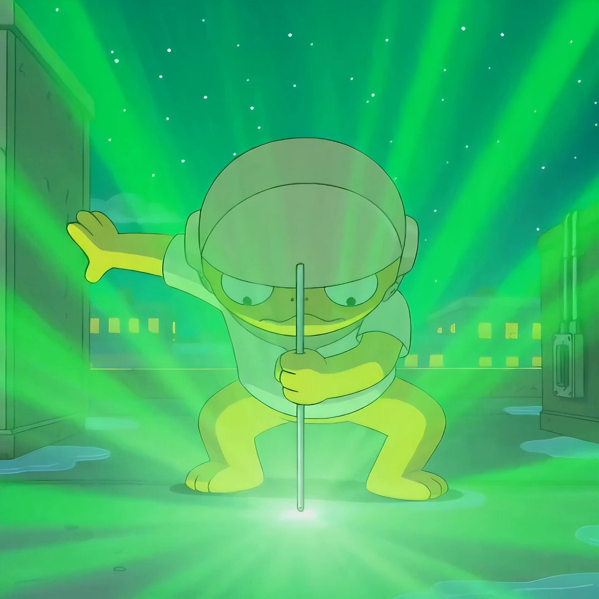 An animated scene of a character wearing a large helmet in a defensive stance, holding a glowing staff that emits bright green light beams in all directions at night.