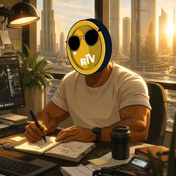 A muscular trader wearing a yellow "RIV" smiley-face mask with sunglasses writes in a notebook at a desk, with a city skyline visible through the window behind him, visually representing the post's message about RIV Capital Group's proactive regulatory compliance under Dubai's VARA framework and a MiCA license for Europe—positioning the project as ahead of competitors like Binance in regulatory readiness.
