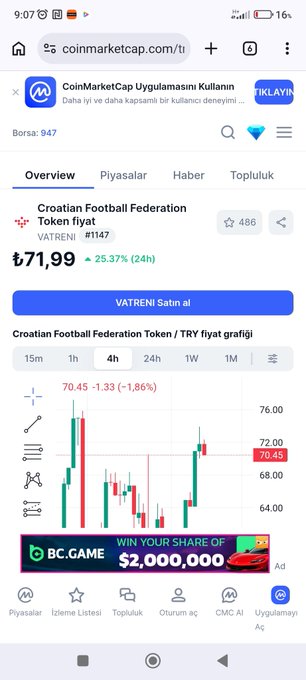 The image shows a cellphone screen displaying a graph with cryptocurrency data, specifically focusing on the cryptocurrency price of VATAM coin. The user interface has a dark background, making the information more prominent. At the top of the image, there's an alert that says "Common Market Cap." It appears as if the phone is in a discussion or debate about these terms. Below this, another part of the screen highlights the current value and trading status of VATAM coin. There are several other details present on the image which seem to explain the price of VATAM coin at different points in time. The text "@alex_dreyfus @Chiliz was badmouthing those without license, their own fan tokens turned out to be an even worse project." is also visible, possibly referring to some opinions or judgments about the content displayed on this device.