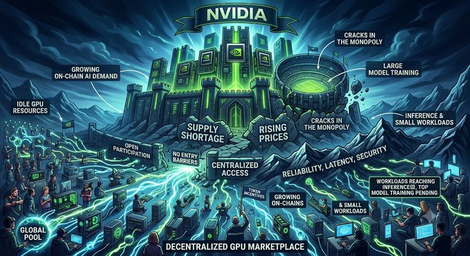 A stylized infographic depicts a dark fortress labeled "NVIDIA" looming over a landscape, surrounded by labeled threats and opportunities including "Growing On-Chain AI Demand," "Idle GPU Resources," "Supply Shortage," "Rising Prices," "Cracks in the Monopoly," and a "Decentralized GPU Marketplace" — visually reinforcing the post's argument that decentralized GPU networks like Render and Io.net are the most dangerous challengers to NVIDIA's monopoly by tapping into the world's idle GPU supply amid chip shortages and rising prices.