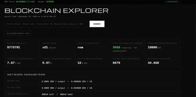 A screenshot of a 'BLOCKCHAIN EXPLORER' dashboard displaying metrics like block height (5773791), circulating supply (7.87B BDX), and total transactions (5.97B).