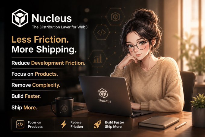 A marketing image for 'Nucleus - The Distribution Layer for Web3' with the tagline 'Less Friction. More Shipping.' featuring an illustrated woman at a laptop.