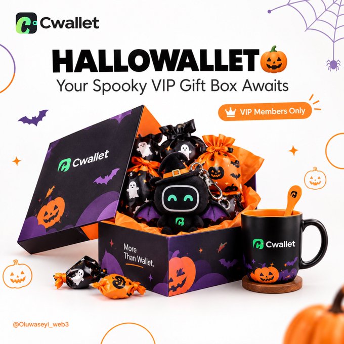 A promotional image advertises "HALLOWALLET - Your Spooky VIP Gift Box Awaits" from Cwallet, featuring a Halloween-themed gift box with a plush toy and mug.