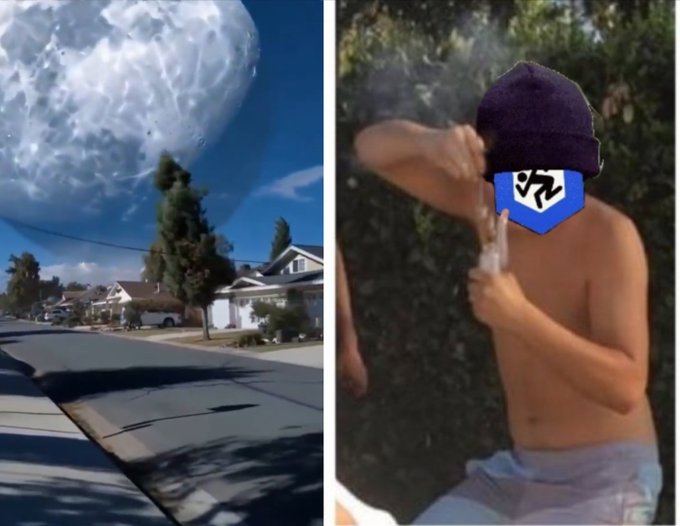 A side-by-side image; the left shows a massive blue planet looming over a suburban street, while the right shows a person wearing a dark cap whose face is covered by a blue square logo with the character '次'.