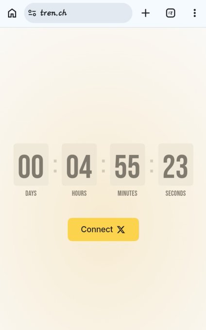 Mobile browser screenshot of tren.ch showing a countdown timer at 00 days, 04 hours, 55 minutes, 23 seconds, with a yellow 'Connect X' button below.