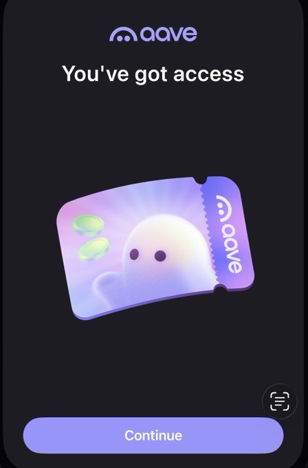 A mobile app screen showing "aaave" logo with the text "You've got access" and a "Continue" button, displaying a holographic purple ticket featuring a ghost-like character.