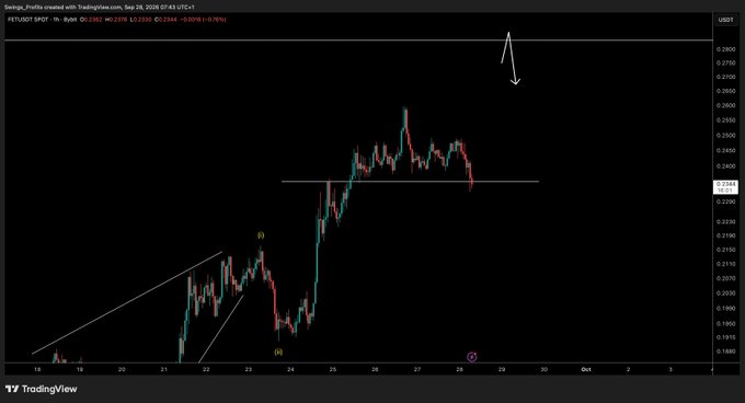 A TradingView chart of FET/USDT spot price on Binance, showing a 1-hour timeframe with the price at 0.2362, displaying price action from late September with trendlines and a downward arrow annotation.