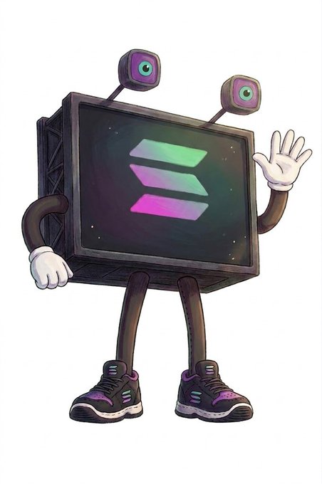 A cartoonish NFT mascot character consisting of a retro TV screen with the Solana logo, wearing sneakers and white gloves, with two antennae containing eyeballs on top.
