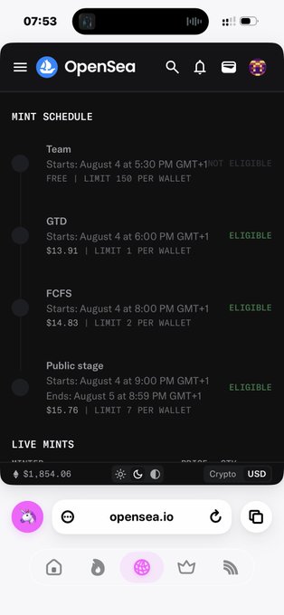 A mobile screenshot of the OpenSea NFT marketplace showing a Mint Schedule for an NFT drop, with stages including Team (Free), GTD ($13.91), FCFS ($14.83), and Public stage ($15.76).