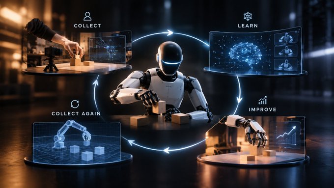 A conceptual AI/robotics diagram showing a humanoid robot with a circular workflow labeled 'COLLECT,' 'LEARN,' 'IMPROVE,' and 'COLLECT AGAIN,' illustrating a machine learning training loop.
