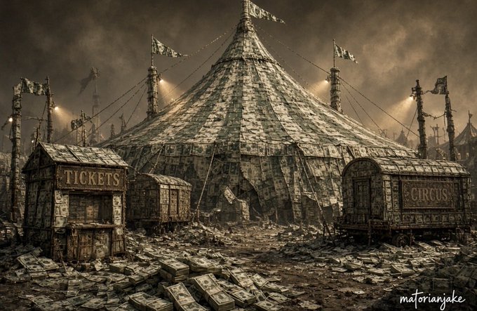 A dark, atmospheric digital artwork depicts a dilapidated circus tent surrounded by scattered money, with ticket booths labeled 'TICKETS' and a wagon marked 'CIRCUS' in the foreground, signed 'matoranjake'.