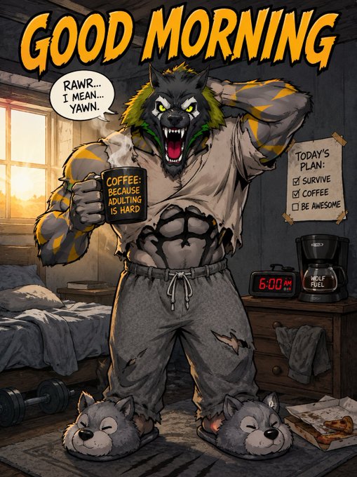 A comic-style illustration of a muscular werewolf drinking coffee, captioned 'GOOD MORNING', with a speech bubble saying 'COFFEE: BECAUSE ADULTING IS HARD' and a clock showing 6:00 AM.