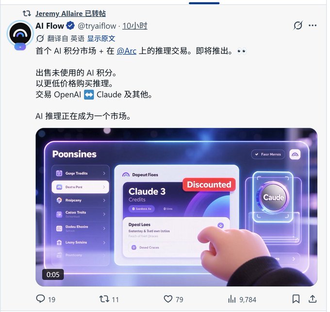 A retweeted post by Jeremy Allaire shows AI Flow (@tryaiiow) announcing an AI credit marketplace for inference trading on Arc, featuring a screenshot of a 'Poonsines' dashboard selling 'Claude 3' credits.