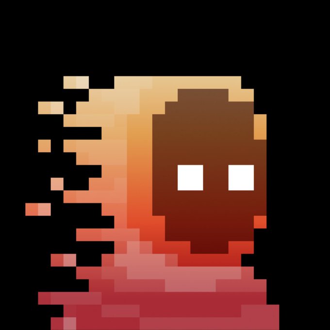 A pixel-art avatar of a figure with a glowing brown face and white eyes, dissolving into a fragmented, flame-like body of red, orange, and beige pixels against a black background. The glitchy, dissolving aesthetic mirrors the post's theme of a "shielded" encrypted identity within the Zcash ($ZEC) network, evoking anonymity and digital concealment.