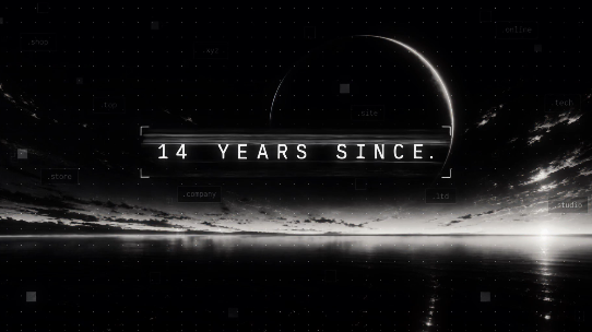 A minimalist black and white cinematic image showing a crescent moon and ocean horizon with the text '14 YEARS SINCE.' centered on screen, likely a movie or game promotional graphic.