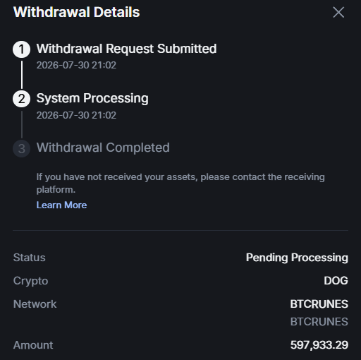 A screenshot of a cryptocurrency withdrawal details page showing a pending withdrawal of 597,933.29 DOG on the BTCRUNES network, with status "Pending Processing" and timestamps of 2026-07-30 21:02.