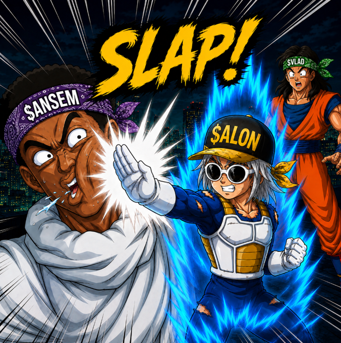 A Dragon Ball-style anime parody illustration with the text 'SLAP!' where a character labeled '$ALON' is slapping a character labeled '$ANSEM', while a character labeled '$VLAD' watches in surprise against a city skyline.
