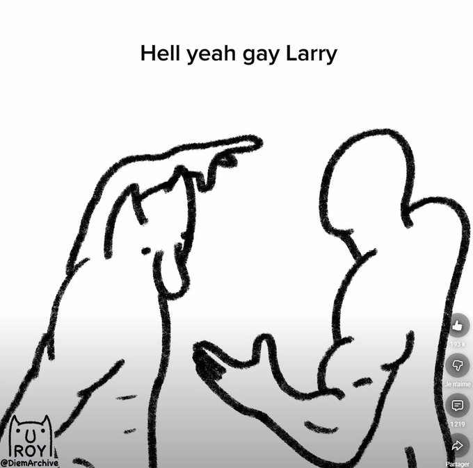 The image features a black and white drawing of two people, one with their arms outstretched as if they are about to hug or shake hands. The text "Hell yeah gay Larry" is written above the drawing, which seems to be a part of an advertisement for a dating app called "Diary Archive". The post also mentions that the app outperformed Ethereum in terms of user engagement and popularity during this cycle.