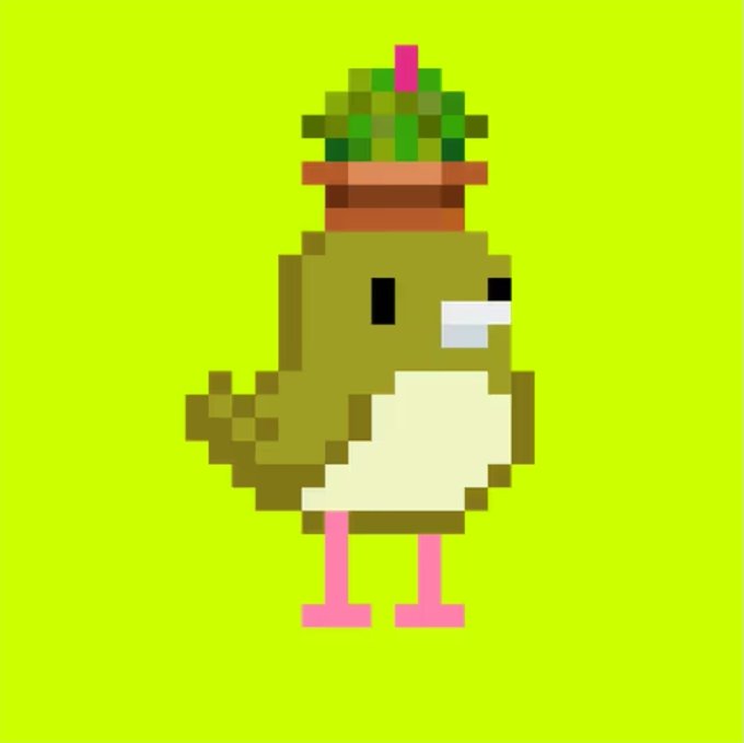 A pixel art illustration depicts a green bird character standing against a bright green background, featuring a small potted plant on its head and pink legs.