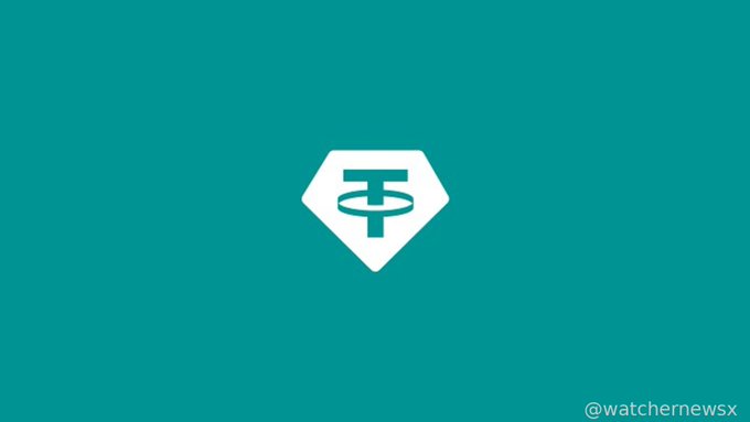 The Tether (USDT) cryptocurrency logo displayed as a white hexagonal symbol on a teal background, credited to @watchernewsx.
