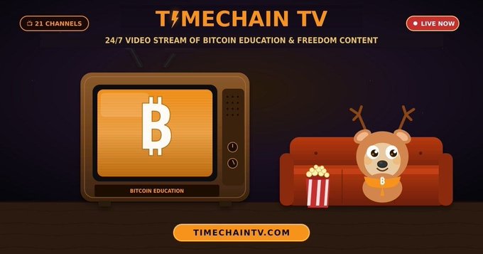 A promotional graphic for 'TIMECHAIN TV' advertising 21 channels of 24/7 video streams for Bitcoin education and freedom content, featuring a retro TV displaying the Bitcoin logo and a cartoon bear character.