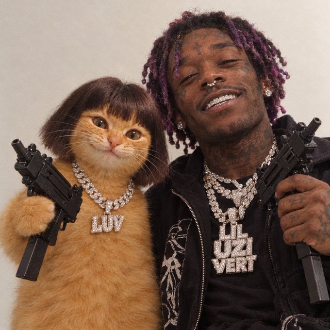 A man with dreadlocks and diamond jewelry smiles beside an orange cat wearing a wig and a "LUV" pendant; both are holding black handguns, with the man's "LIL UZI VERT" chain clearly visible.