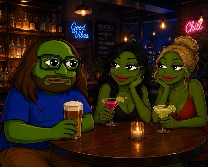 Three green-skinned cartoon frog people sit at a bar with cocktails and a beer, beneath neon signs reading 'Good Vibes' and 'Chill' and a cocktail menu listing Margarita, Mojito, Old Fashioned, Martini, and Paloma.