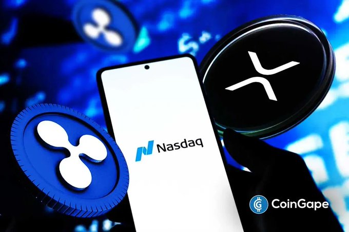 A digital illustration showing a smartphone displaying the 'Nasdaq' logo alongside Ripple (XRP) coin icons, watermarked with 'CoinGape' in the bottom right.