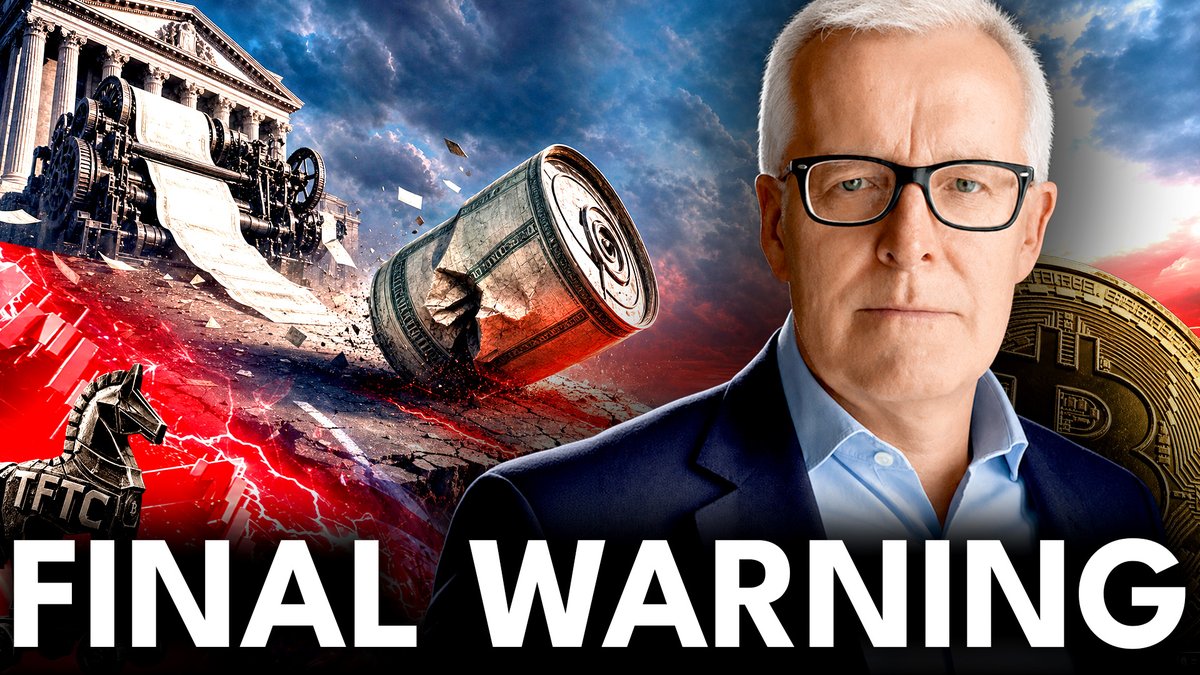 A YouTube thumbnail featuring a serious-looking man in glasses and a suit appears on the right, while the left shows dramatic imagery of a fallen roman column, a printing press, and a Bitcoin token, with bold text reading "FINAL WARNING" at the bottom, referencing the podcast's discussion of the Fed's predicament, the $40T debt spiral, and Bitcoin's outperformance of gold.