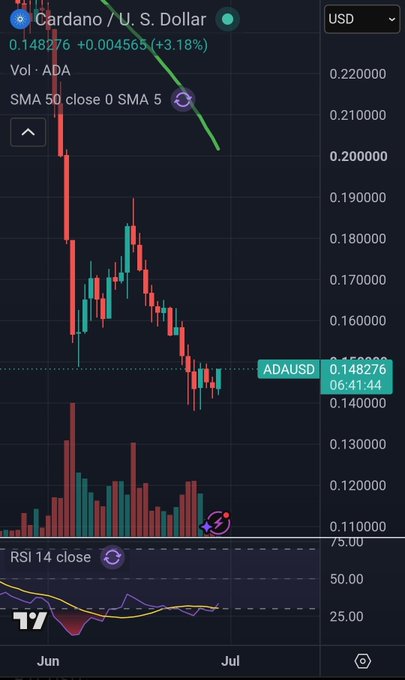 A TradingView candlestick chart shows Cardano (ADA/USD) trading at 0.148276 (+3.18%), with the price consolidating in the low $0.14 range between June and July, accompanied by rising volume and an RSI 14 near oversold conditions—visually supporting the claim of a strong bottom forming for a potential relief rally.