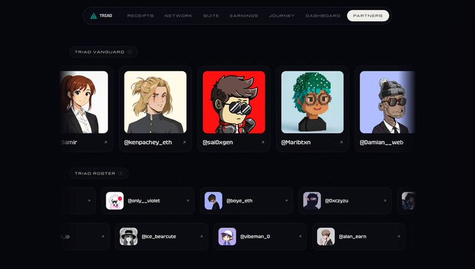 A 'TRIAD' partners webpage displays avatars and usernames including 'Samir', '@kenpachey_eth', '@sai0xgen', '@Maribxvn', and '@Damian___web' in the Vanguard section.