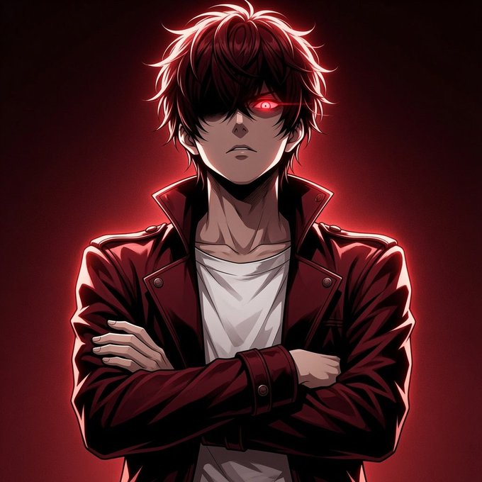 Anime-style illustration of a young man with messy dark hair, a glowing red eye, and a red jacket, standing with crossed arms against a dark red background.