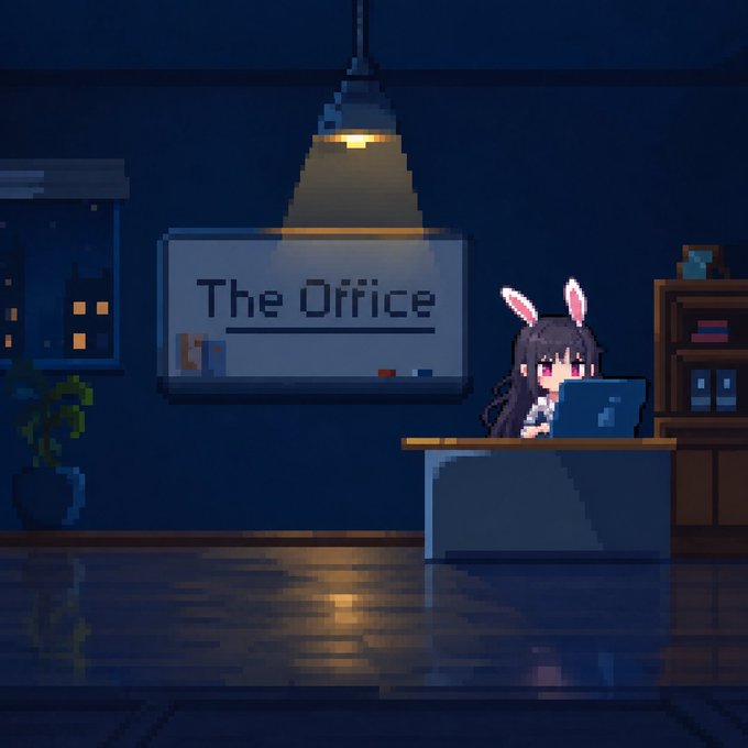 A pixel art illustration of a dark office where an anime-style character with bunny ears sits at a desk working on a laptop beneath a sign reading 'The Office'.