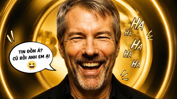 A meme image of a laughing older man (resembling Michael Saylor) against a gold Bitcoin background, with speech bubbles reading 'TIN ĐỒN Ả? CỨ RỒI ANH EM Ạ!' (Vietnamese for 'What rumors? Just trust me, brothers!') and 'HA HA HA HA HA' laughter text.