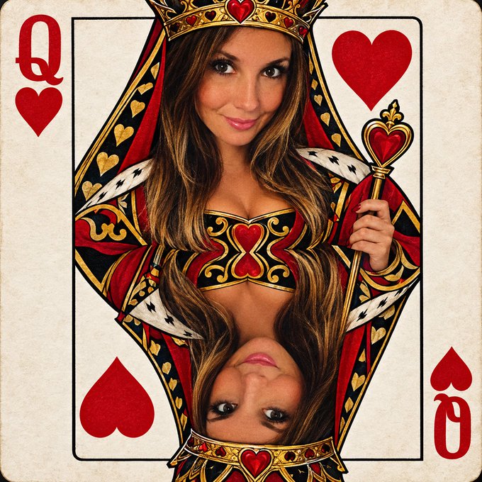 A playing card designed as the Queen of Hearts. The card art features a woman holding a scepter at the top and an inverted image of her face at the bottom.