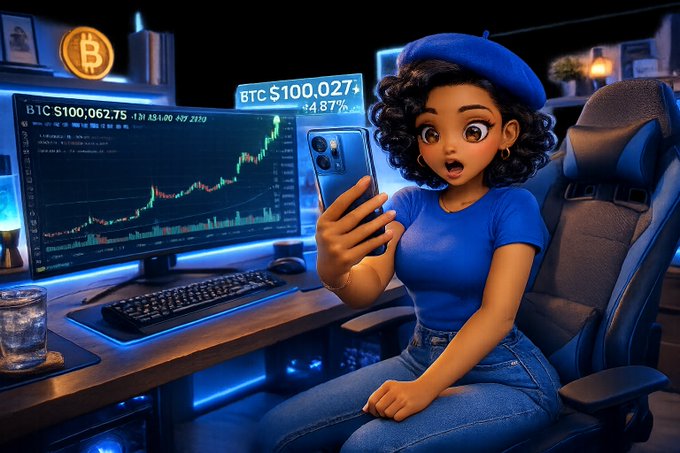 A cartoon-style illustration of a woman in a blue beret reacting with surprise to her phone while sitting at a desk displaying a BTC price chart showing $100,027.