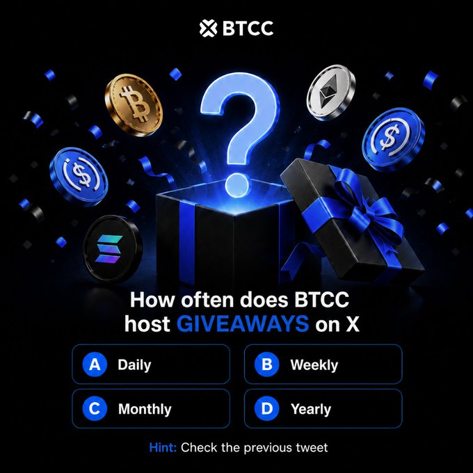The image is a BTCC-branded quiz graphic asking "How often does BTCC host GIVEAWAYS on X?" with four multiple-choice options (Daily, Weekly, Monthly, Yearly) and a hint to "Check the previous tweet," featuring cryptocurrency coins and a gift box. It relates to the accompanying post by presenting the question participants must answer to qualify for the 100 USDT giveaway prize.