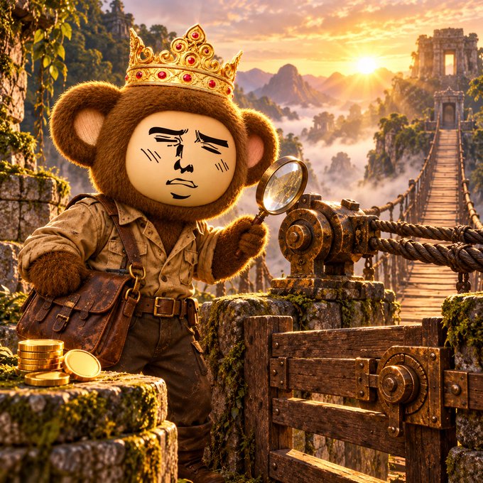 An illustration of a teddy bear wearing a golden crown, explorer outfit, and holding a magnifying glass and gold coins, standing before a wooden gate and rope bridge in a fantasy landscape.