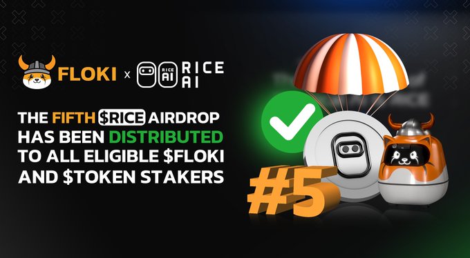 A promotional graphic announcing that "THE FIFTH $RICE AIRDROP HAS BEEN DISTRIBUTED TO ALL ELIGIBLE $FLOKI AND $TOKEN STAKERS," featuring the FLOKI and RICE AI logos, a "#5" indicator, and a parachuting robot capsule delivering the latest airdrop rewards.