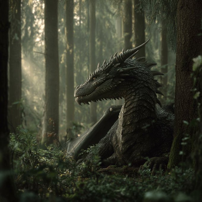 A massive, dark-scaled dragon with prominent horns rests peacefully in a misty forest, sunlight filtering through the towering trees around it. The mythical creature evokes the ancient, magical world of $MfT (Famitree), symbolizing the strength and community spirit of the "fam" tribe as they gather in a hidden, enchanted realm.