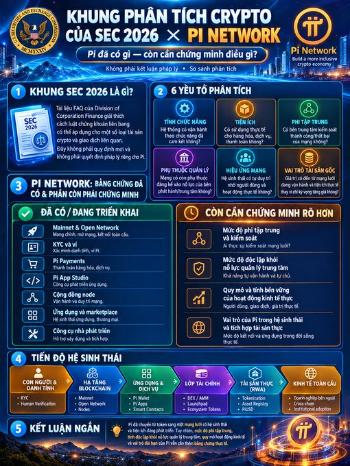 The image is an infographic titled "KHUNG PHÂN TÍCH CRYPTO CỦA SEC 2026 × PI NETWORK" (SEC 2026 Crypto Analysis Framework × Pi Network), presenting a structured analysis of Pi Network's compliance posture against the SEC's FAQ framework.

Key sections visible include:
- **SEC 2026 Framework** - referencing the Division of Corporation Finance guidance document on analyzing crypto assets
- **6 Analytical Pillars** (6 Yếu Tố Phân Tích): Hợp đồng đầu cơ (Speculative contract), Tiền tệ (Currency), Phương tiện trao đổi (Exchange medium), Hiệu ứng mạng (Network effects), Phân tập trung (Decentralization), and Vai trò tài sản dự trữ (Reserve asset role)
- **Pi Network Status** showing what's already