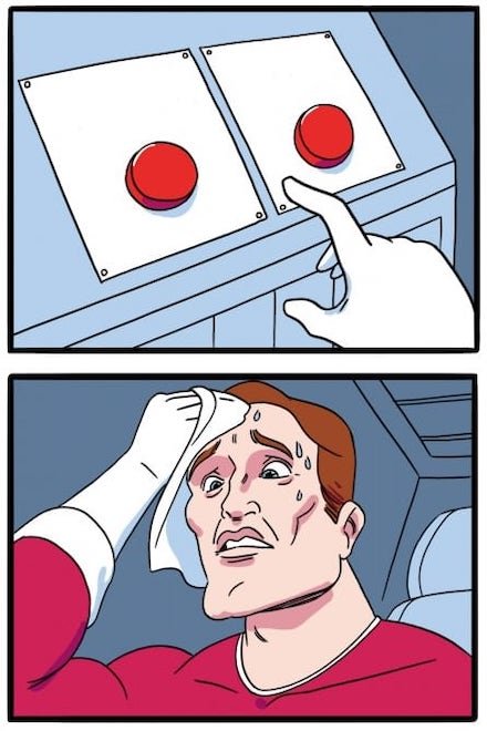 A two-panel comic showing a hand about to press one of two red buttons on a control panel, followed by a nervous, sweating man in a red shirt wiping his forehead with a gloved hand.