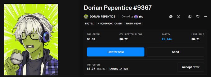 An NFT listing page shows 'Dorian Pepentice #9367' from the Roidnikood Chain collection, featuring an animated character with white hair and headphones, with a top offer of $0.37 and rarity ranking #1,444.