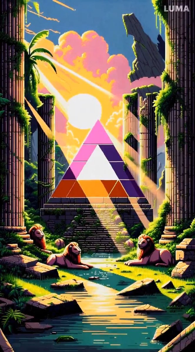 A vibrant digital illustration featuring a colorful pyramid structure with a sun, flanked by ancient ruins, lion statues, and a stream of water, marked 'LUMA' in the top right corner.