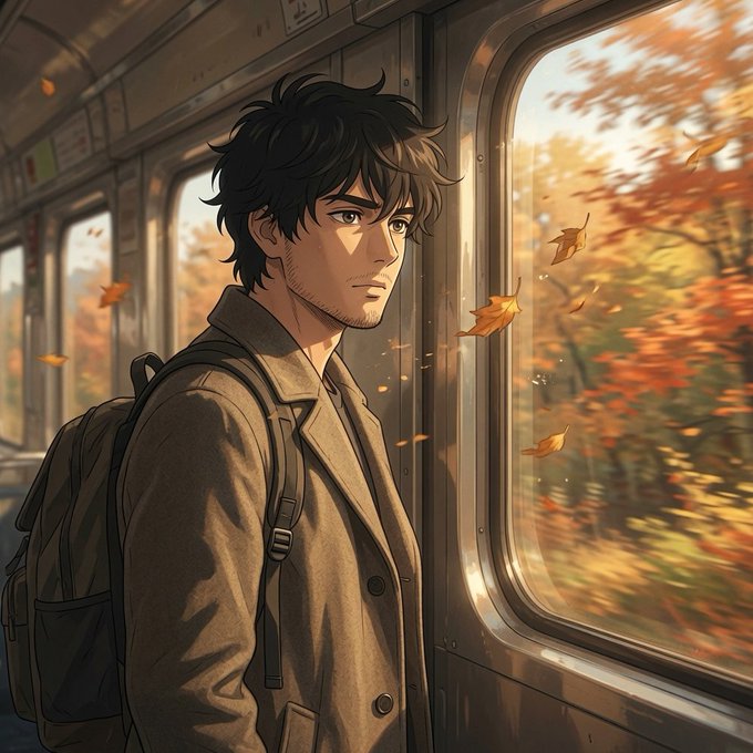 An anime-style illustration of a young man with messy dark hair and a tan coat carrying a backpack, gazing out a train window at an autumn landscape with falling leaves.